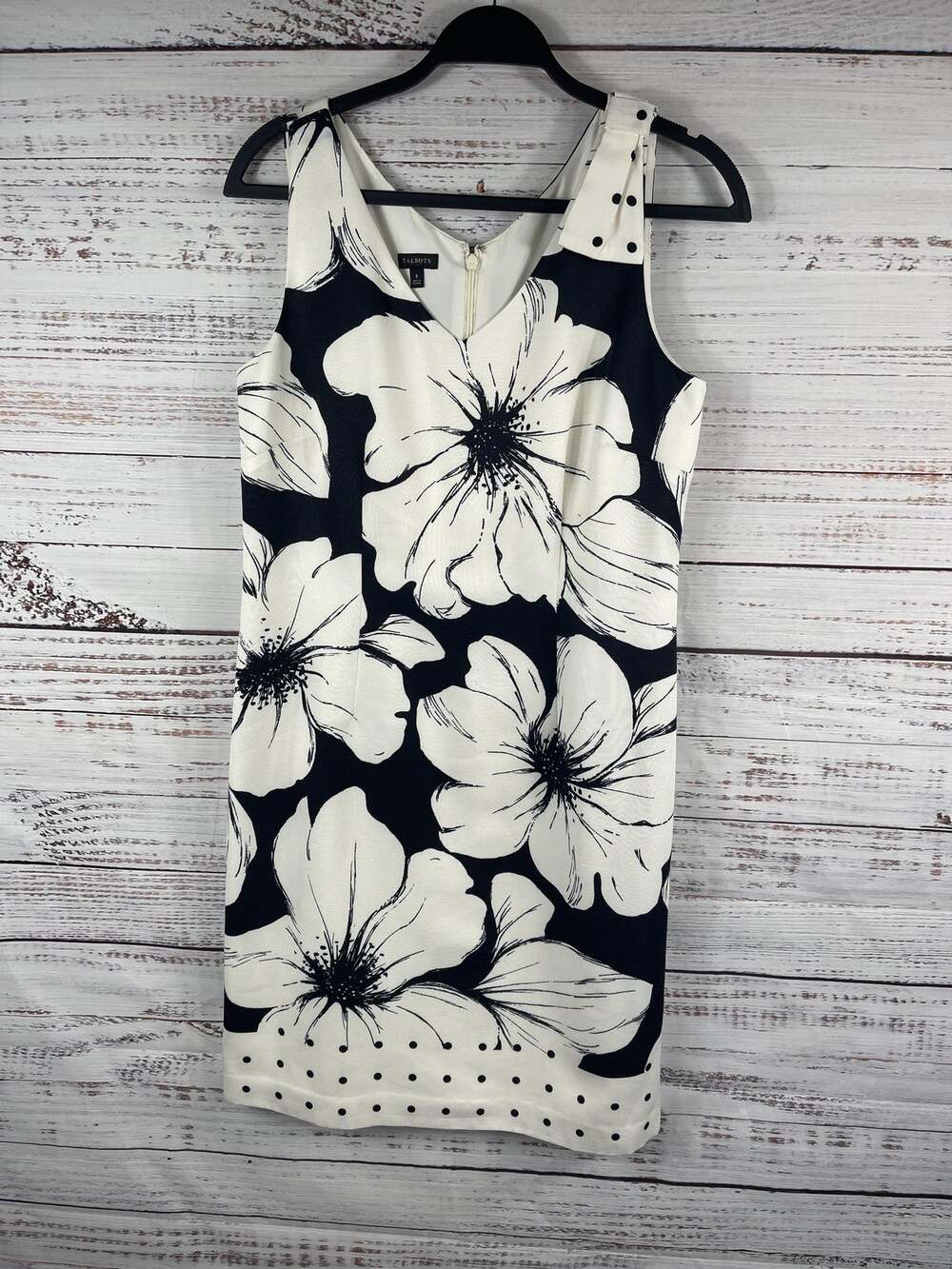 Talbots Dress Women's SZ 6 White Black Floral Sheath Sleeveless Knee Work Office